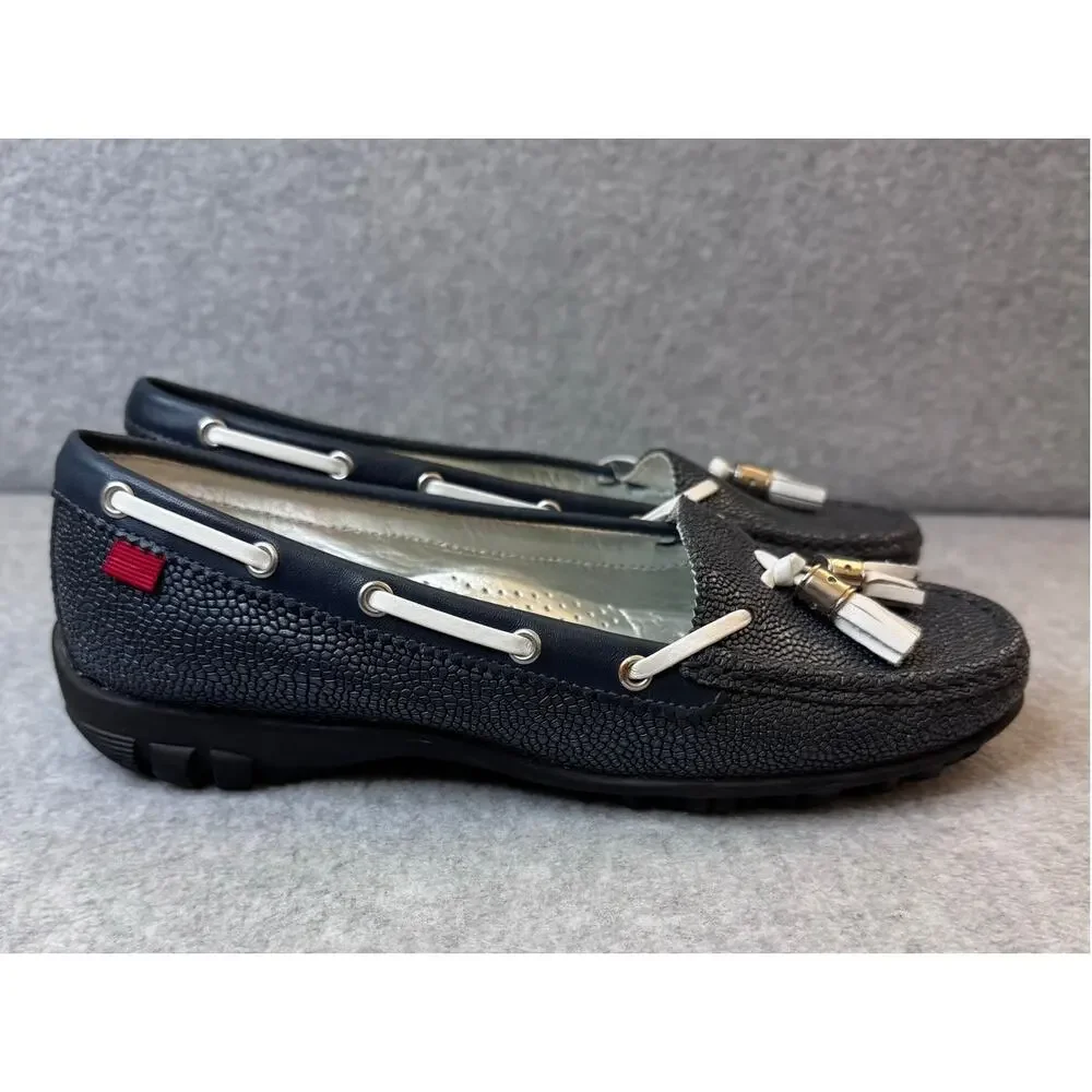 Marc Joseph New York Navy Pebbled Leather Hand Stitched Golf Moccasins  – Size 6